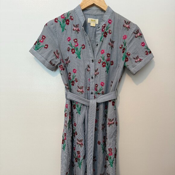 Maeve Anthropologie Floral Embroidered Striped Button up Shirt Dress - Size 0 - Picture 1 of 6